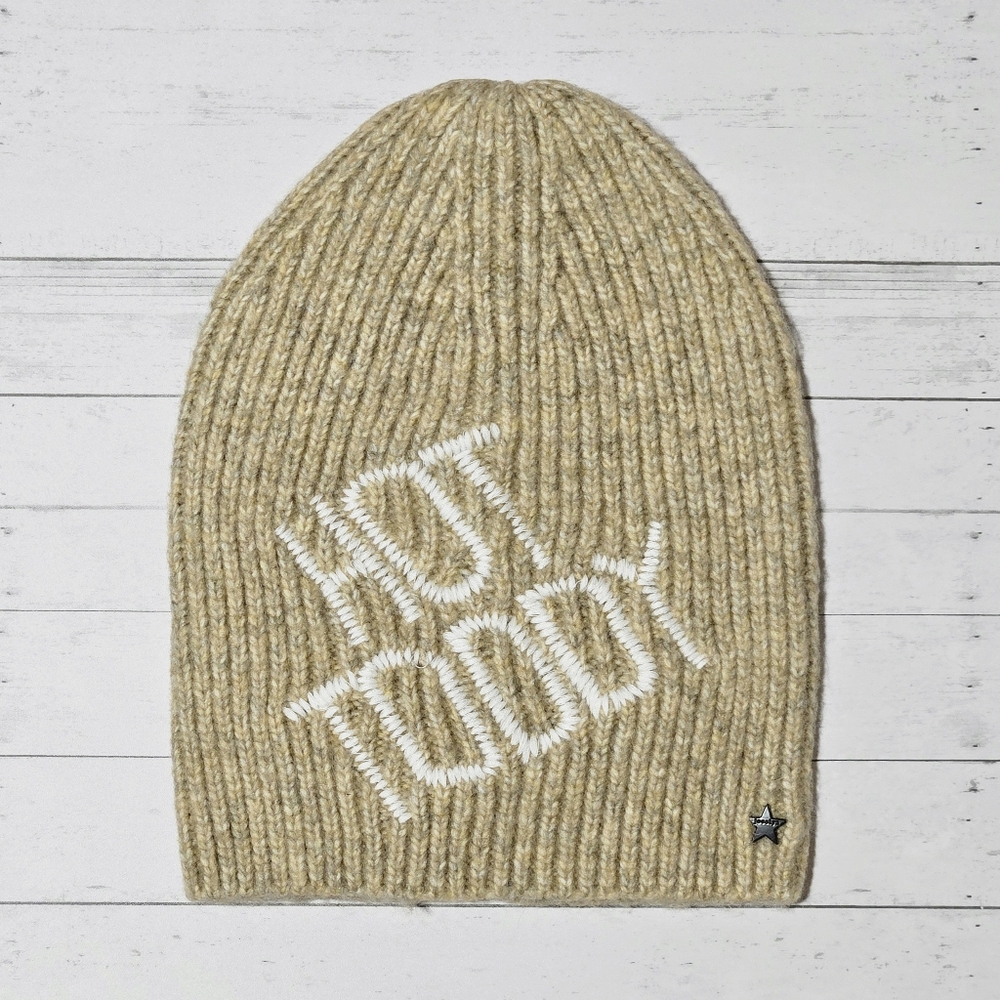 Jocelyn Hat Beanie Camel Hot Toddy Wool Blend Rib Knit Embroidered Fall Winter